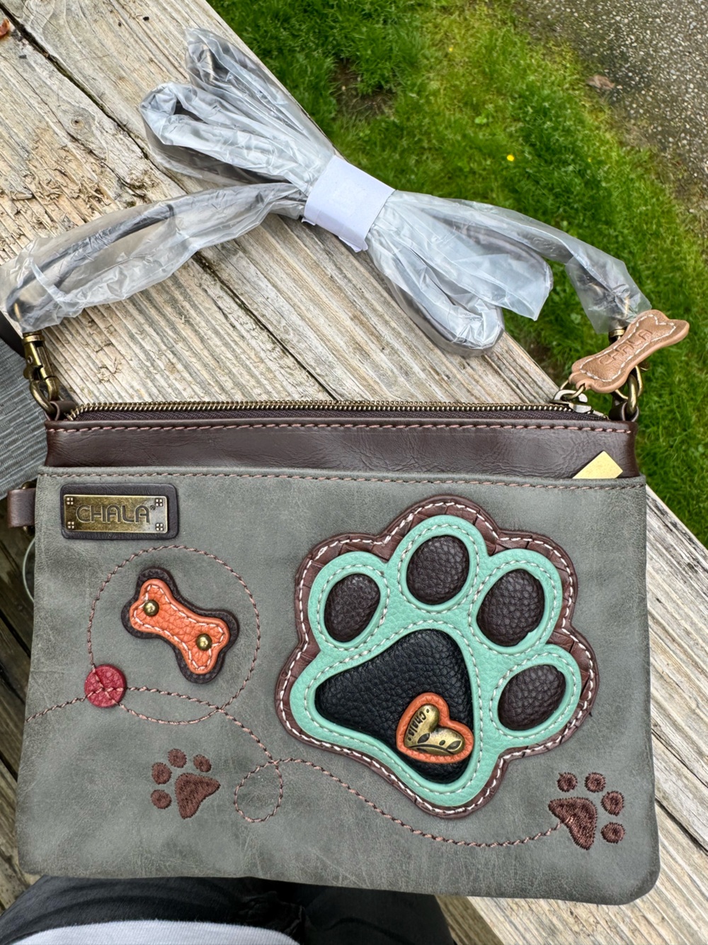 Chala Gray Crossbody Wristlet with Mint Paw and Brown Accents - Picture 2 of 6